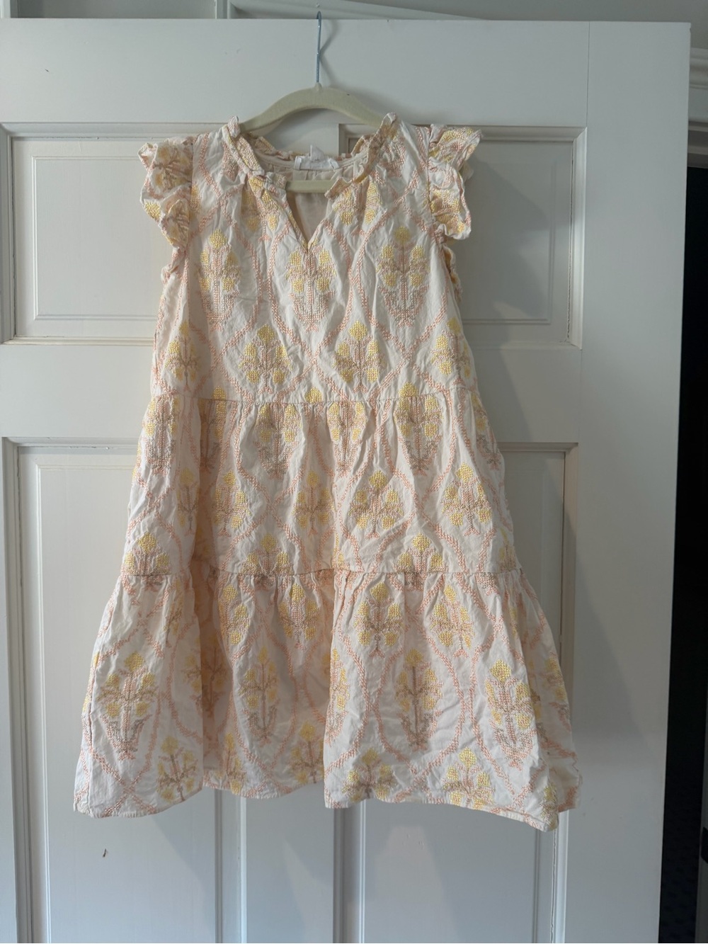 Tiered Floral Embroidered Girls' Dress in Cream and Yellow